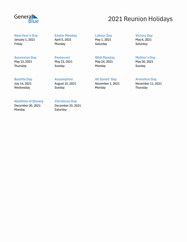 Free printable list of Reunion holidays for year 2021