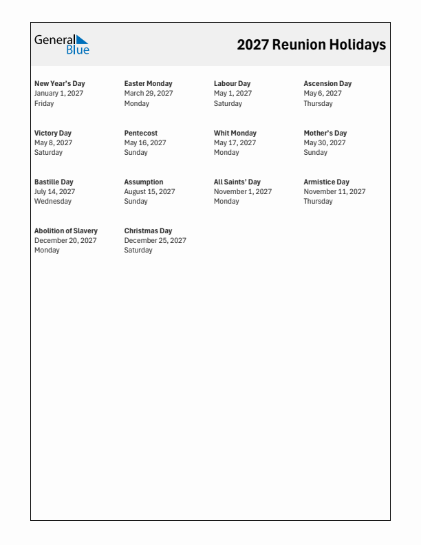 Free printable list of Reunion holidays for year 2027