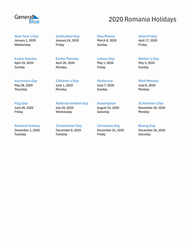 Free printable list of Romania holidays for year 2020