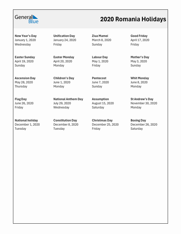 Free printable list of Romania holidays for year 2020