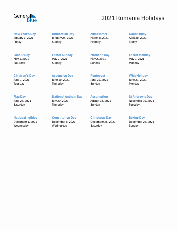 Free printable list of Romania holidays for year 2021