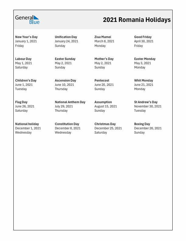 Free printable list of Romania holidays for year 2021