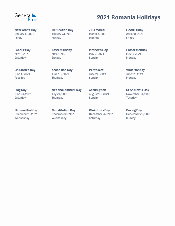 Free printable list of Romania holidays for year 2021