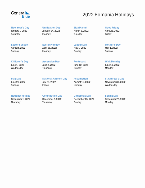 Free printable list of Romania holidays for year 2022