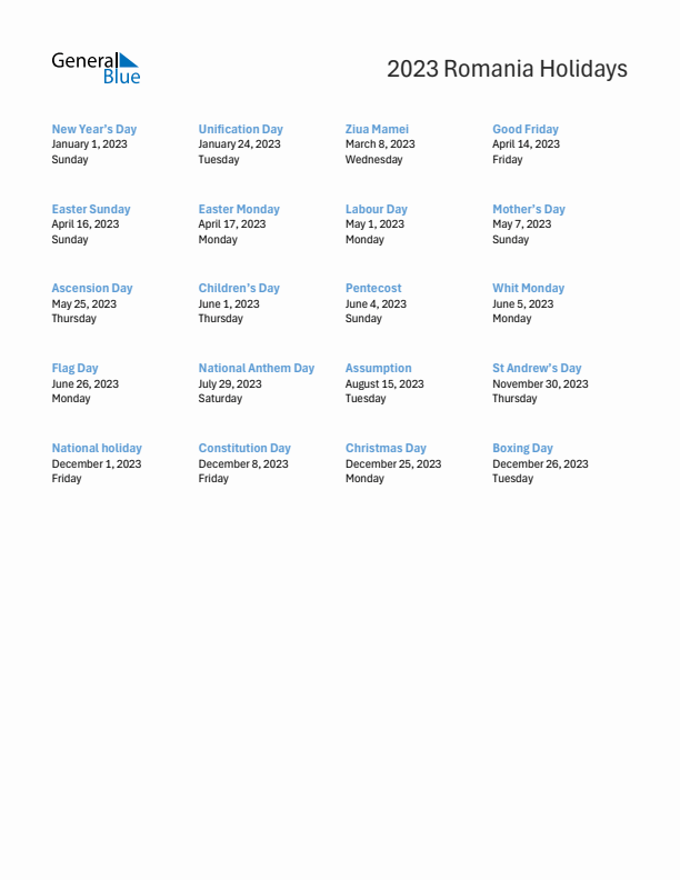 Free printable list of Romania holidays for year 2023