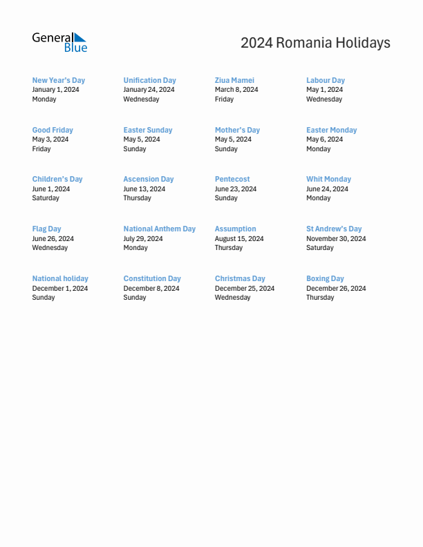 Free printable list of Romania holidays for year 2024