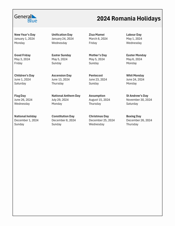 Free printable list of Romania holidays for year 2024