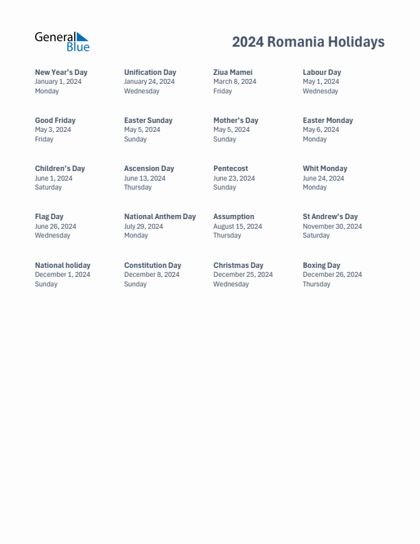 Free printable list of Romania holidays for year 2024