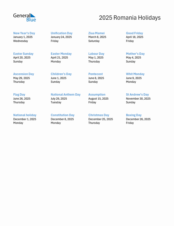 Free printable list of Romania holidays for year 2025