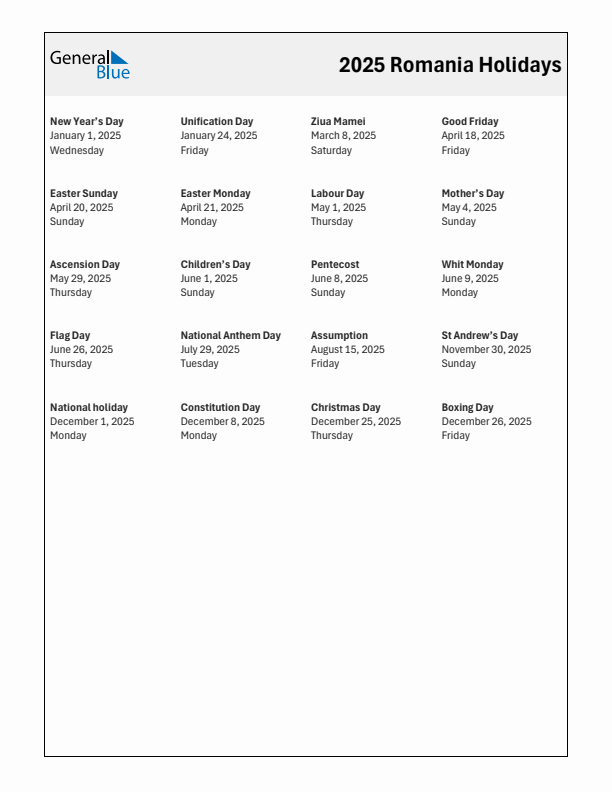 Free printable list of Romania holidays for year 2025