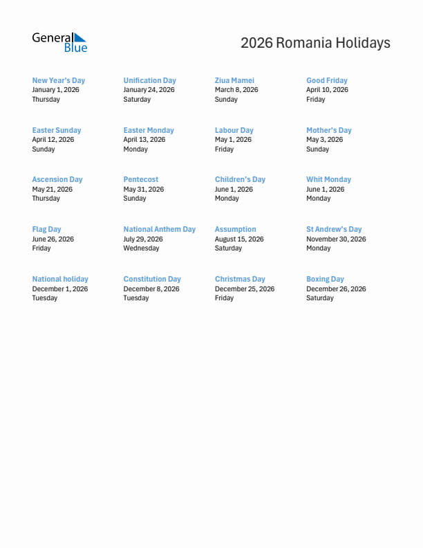 Free printable list of Romania holidays for year 2026