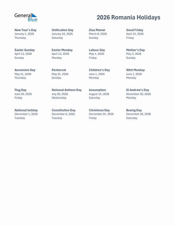 Free printable list of Romania holidays for year 2026