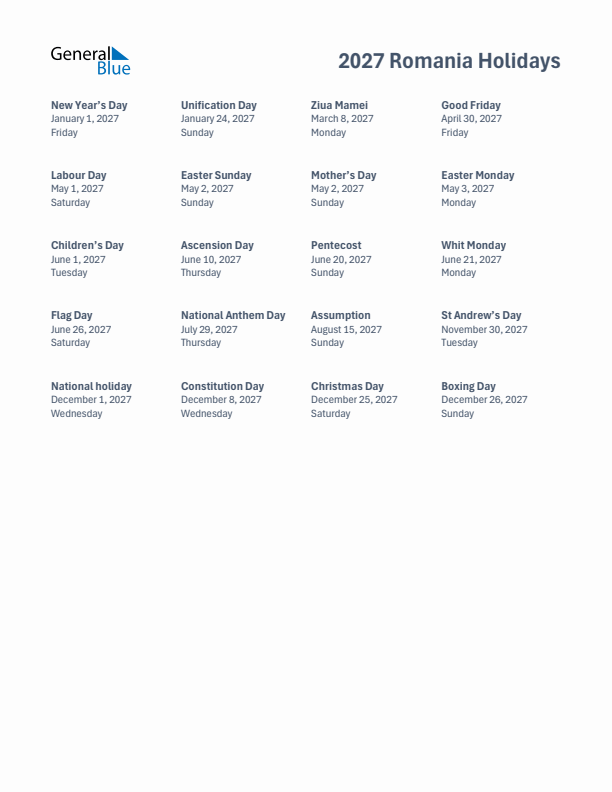 Free printable list of Romania holidays for year 2027