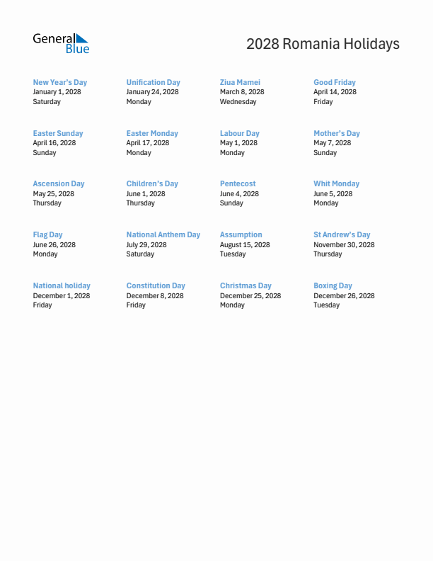 Free printable list of Romania holidays for year 2028