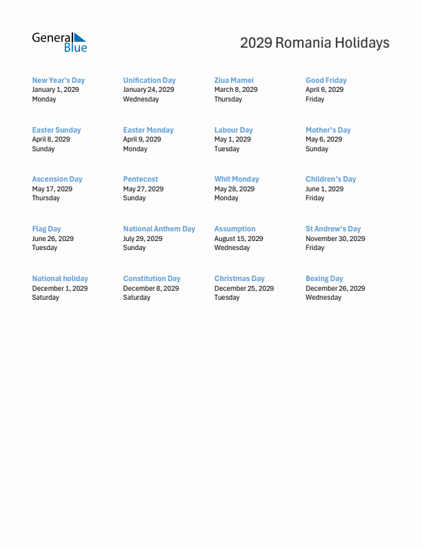 Free printable list of Romania holidays for year 2029