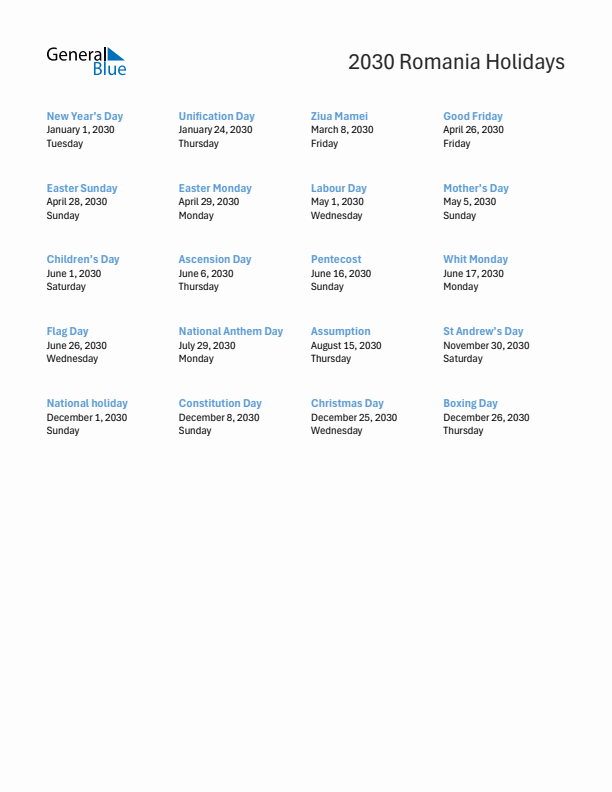 Free printable list of Romania holidays for year 2030