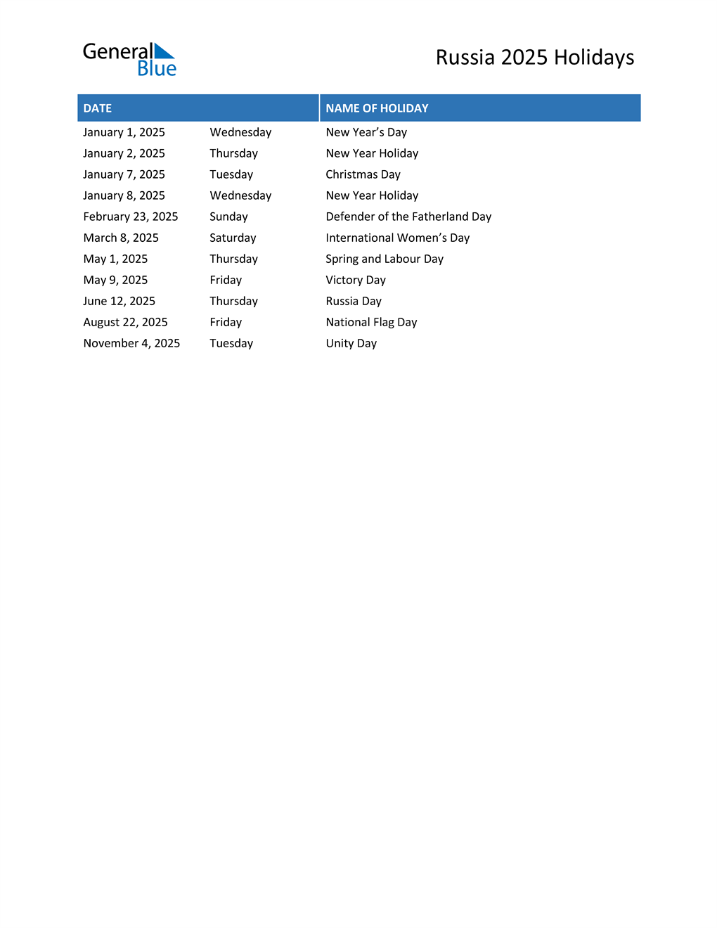 Russia Holidays 2025 in PDF, Word and Excel