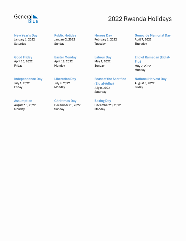 2022 Rwanda List of Holidays in PDF, Word, and Excel