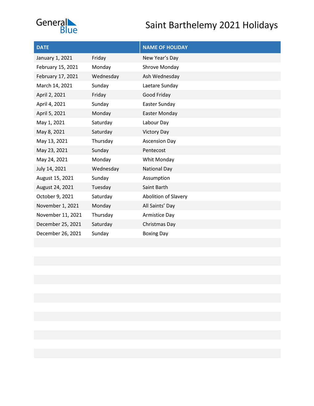 Saint Barthelemy Holidays 21 In Pdf Word And Excel