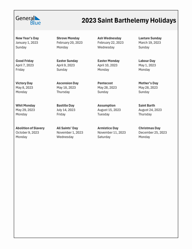 Free printable list of Saint Barthelemy holidays for year 2023