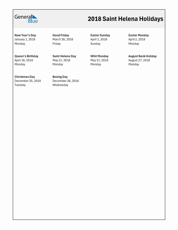 Free printable list of Saint Helena holidays for year 2018