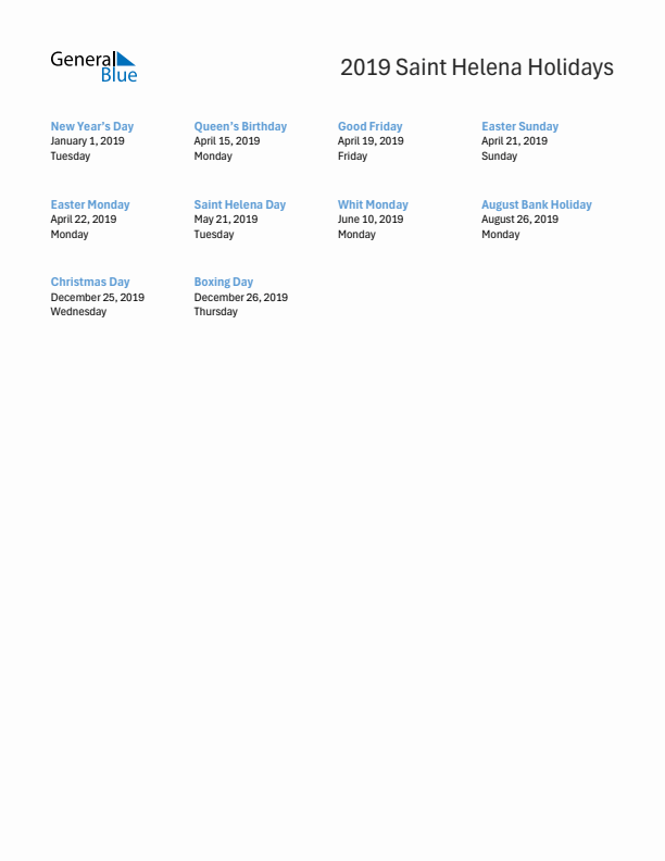Free printable list of Saint Helena holidays for year 2019
