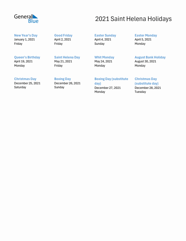 Free printable list of Saint Helena holidays for year 2021