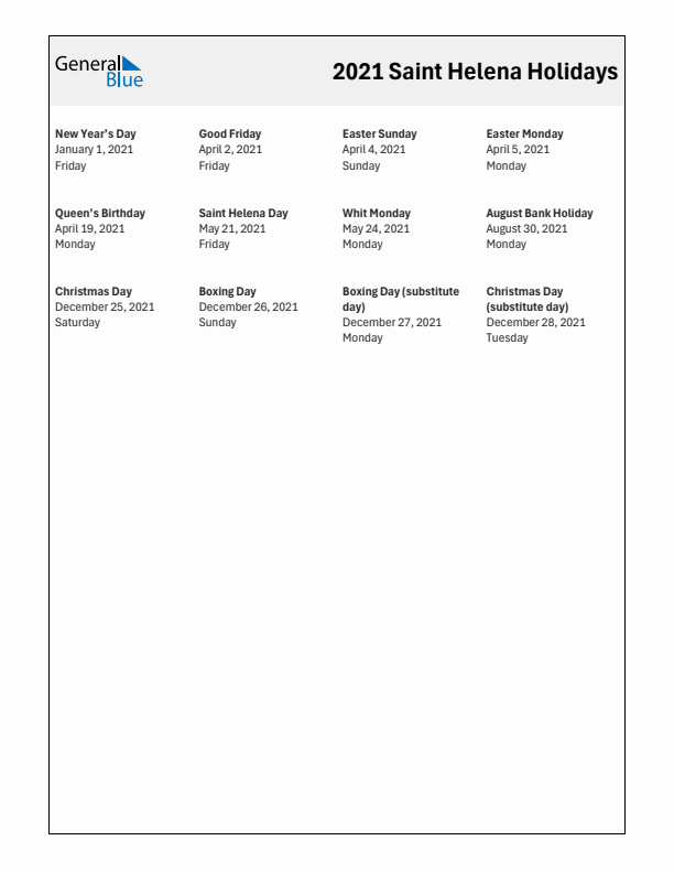 Free printable list of Saint Helena holidays for year 2021