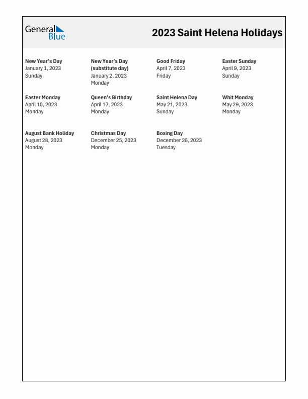 Free printable list of Saint Helena holidays for year 2023