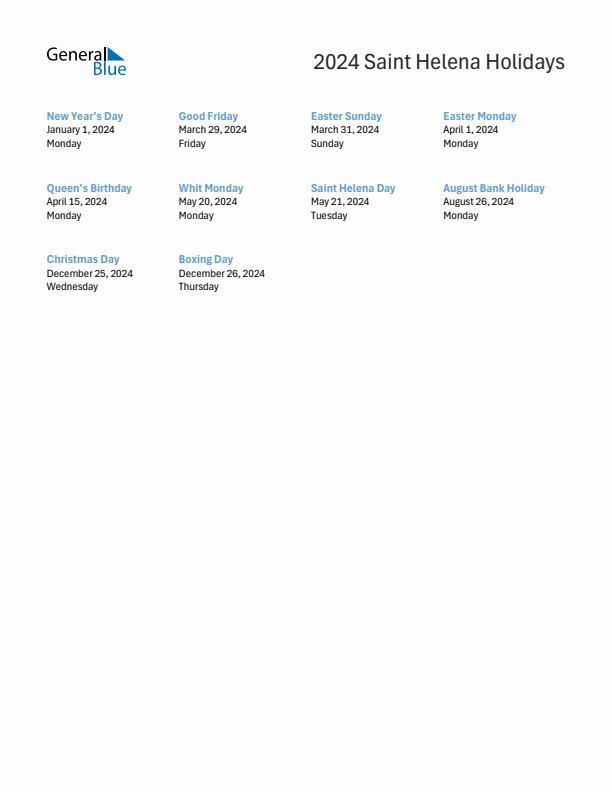 Free printable list of Saint Helena holidays for year 2024