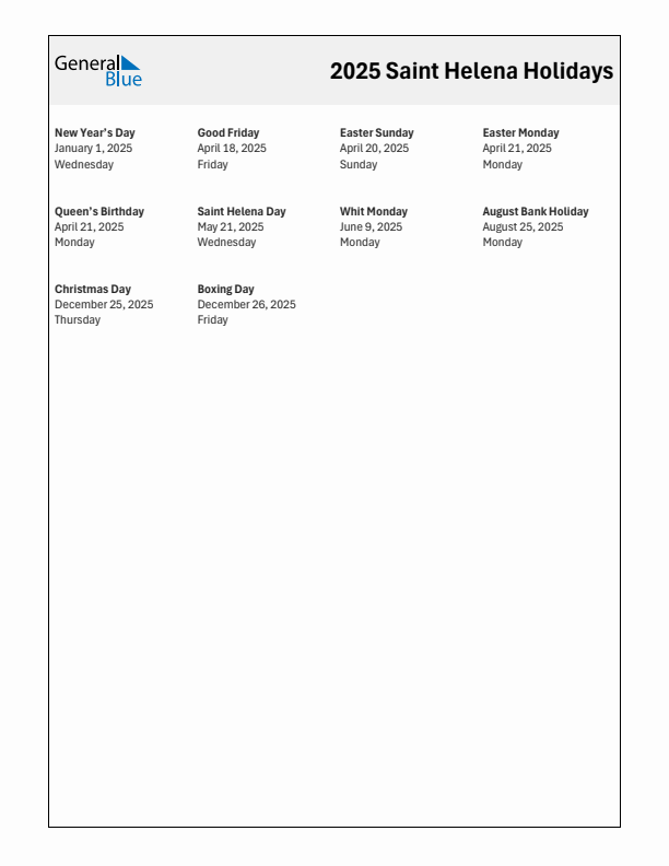 Free printable list of Saint Helena holidays for year 2025