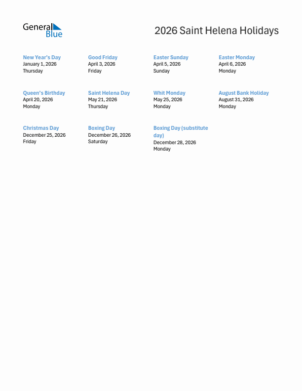 Free printable list of Saint Helena holidays for year 2026