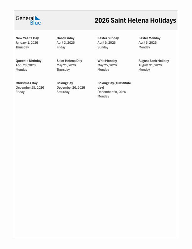 Free printable list of Saint Helena holidays for year 2026