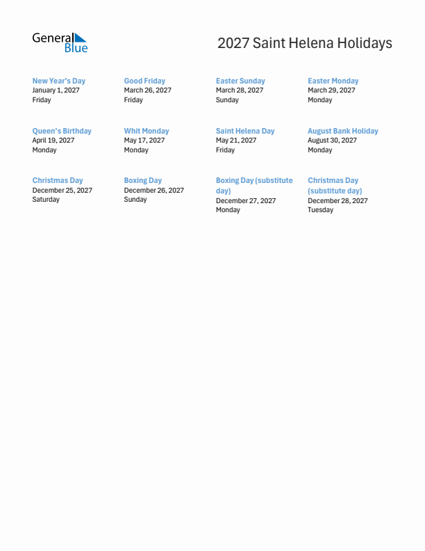 Free printable list of Saint Helena holidays for year 2027