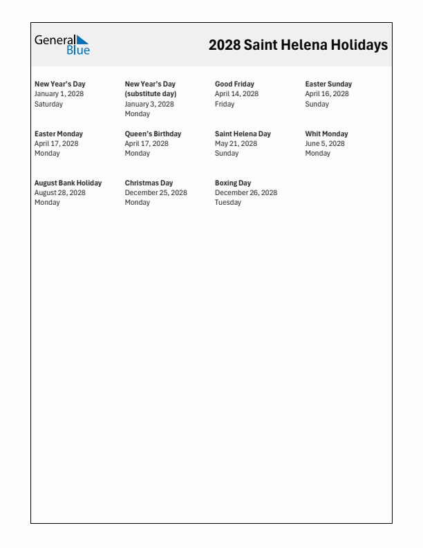 Free printable list of Saint Helena holidays for year 2028