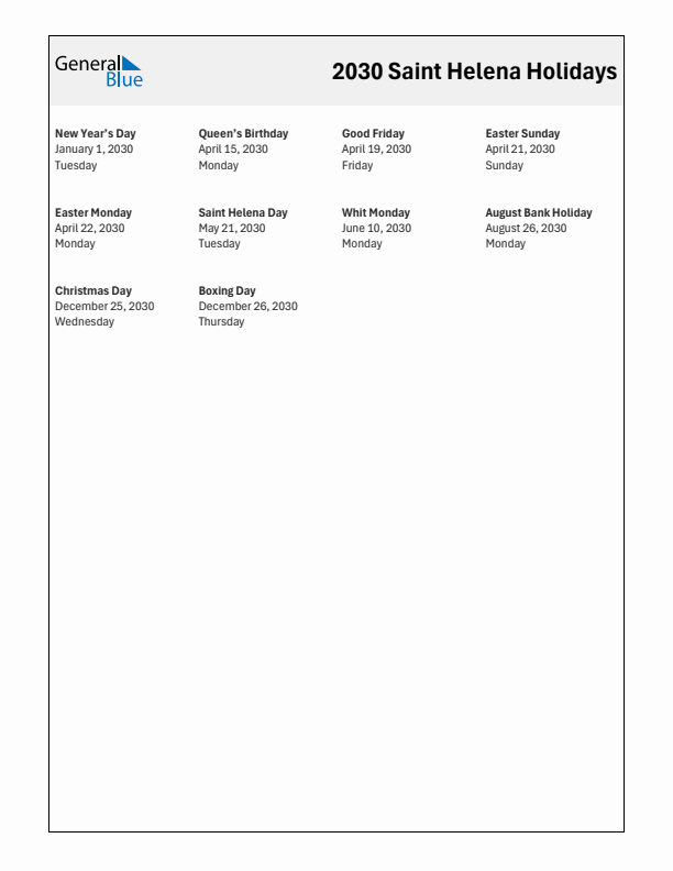 Free printable list of Saint Helena holidays for year 2030