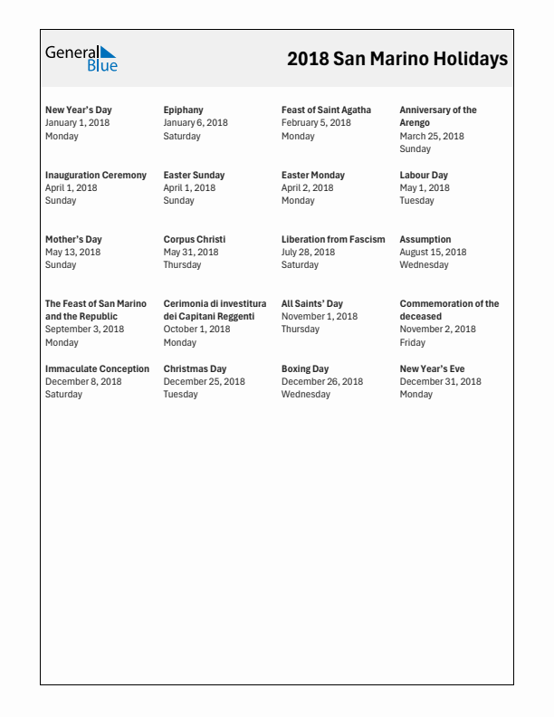 Free printable list of San Marino holidays for year 2018