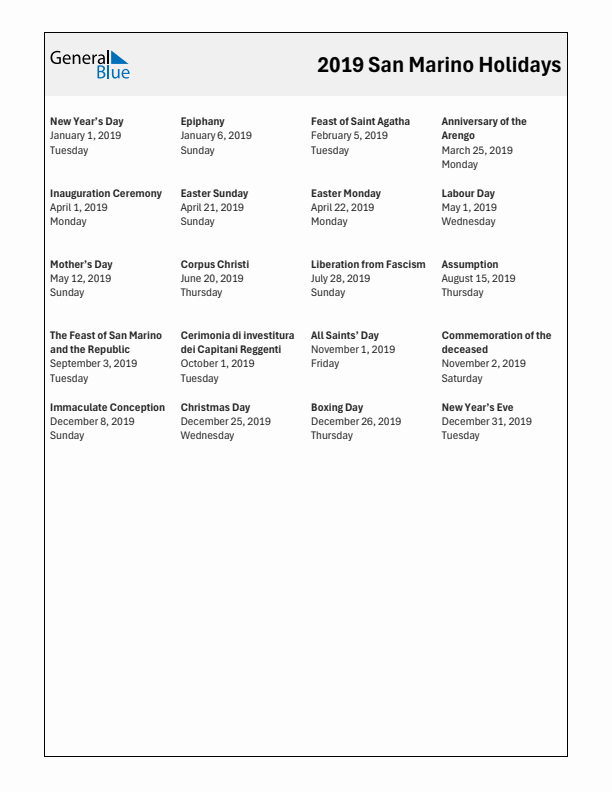 Free printable list of San Marino holidays for year 2019