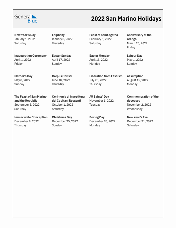 Free printable list of San Marino holidays for year 2022