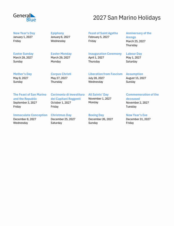 Free printable list of San Marino holidays for year 2027