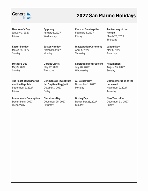 Free printable list of San Marino holidays for year 2027