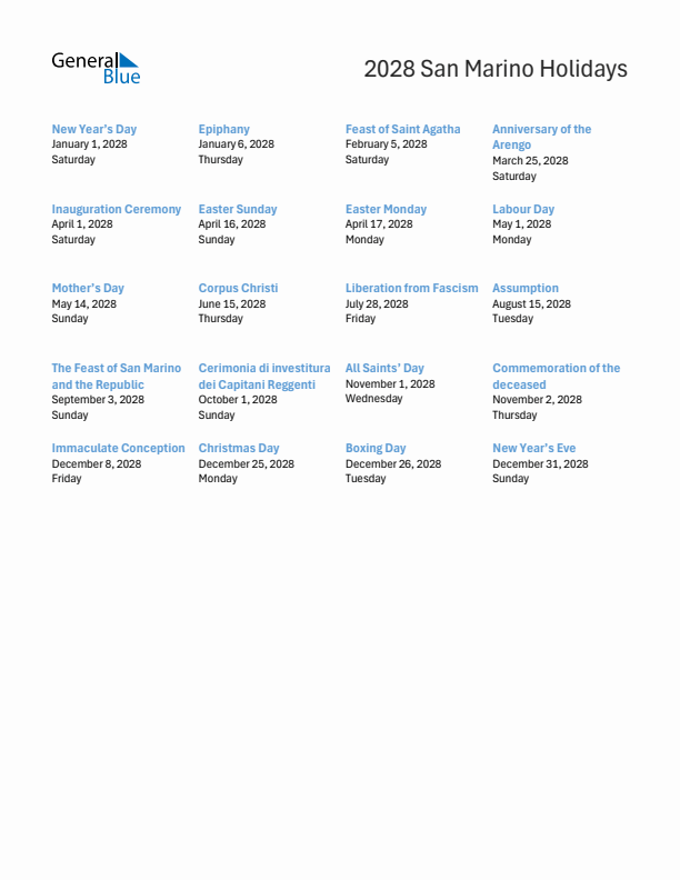 Free printable list of San Marino holidays for year 2028