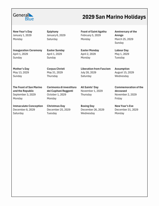 Free printable list of San Marino holidays for year 2029