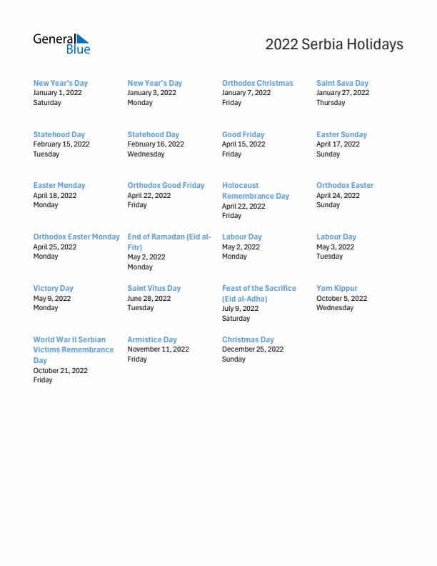 Free printable list of Serbia holidays for year 2022