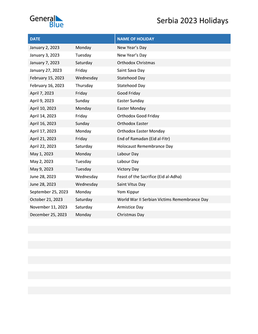 Serbia Holidays 2023 in PDF, Word and Excel