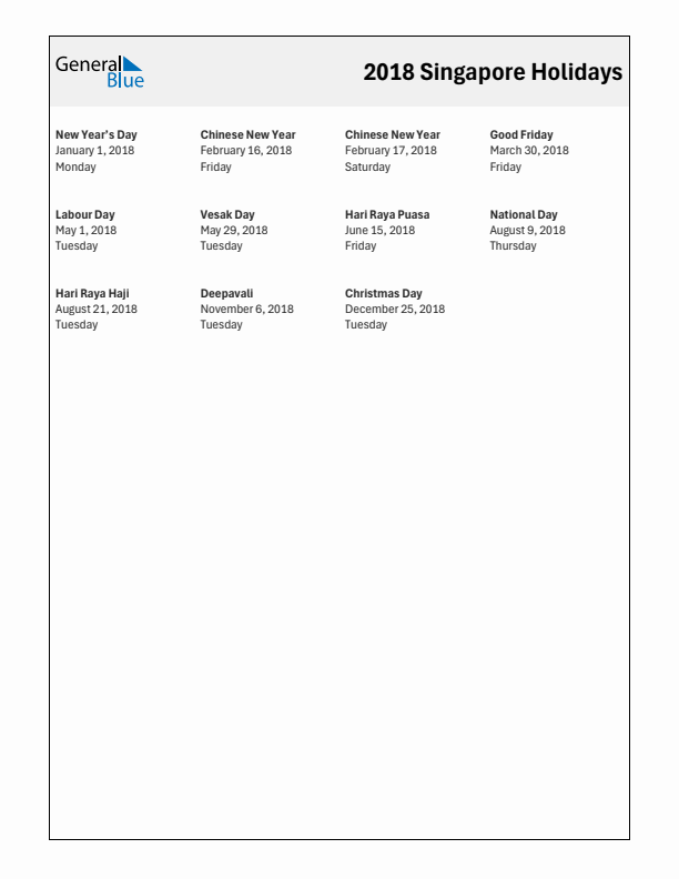 Free printable list of Singapore holidays for year 2018