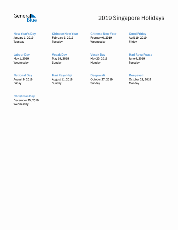 Free printable list of Singapore holidays for year 2019