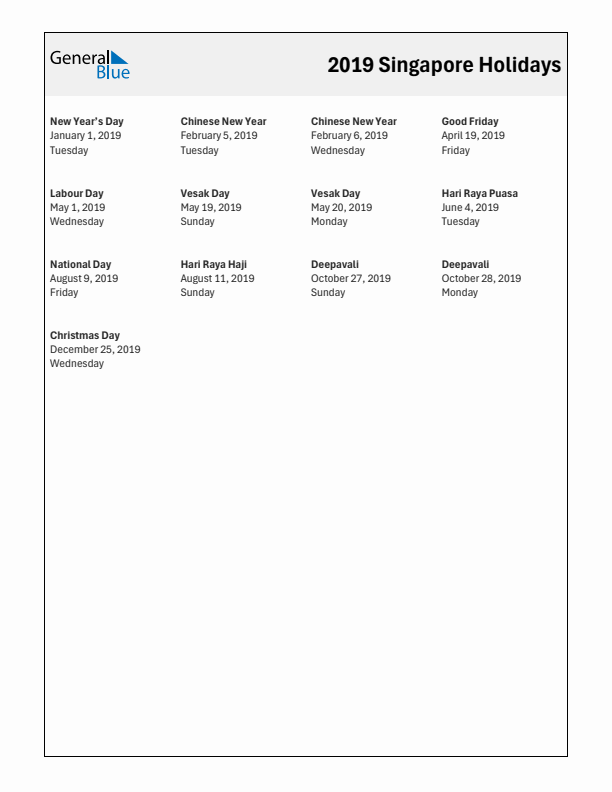 Free printable list of Singapore holidays for year 2019