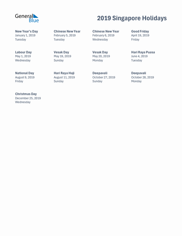 Free printable list of Singapore holidays for year 2019