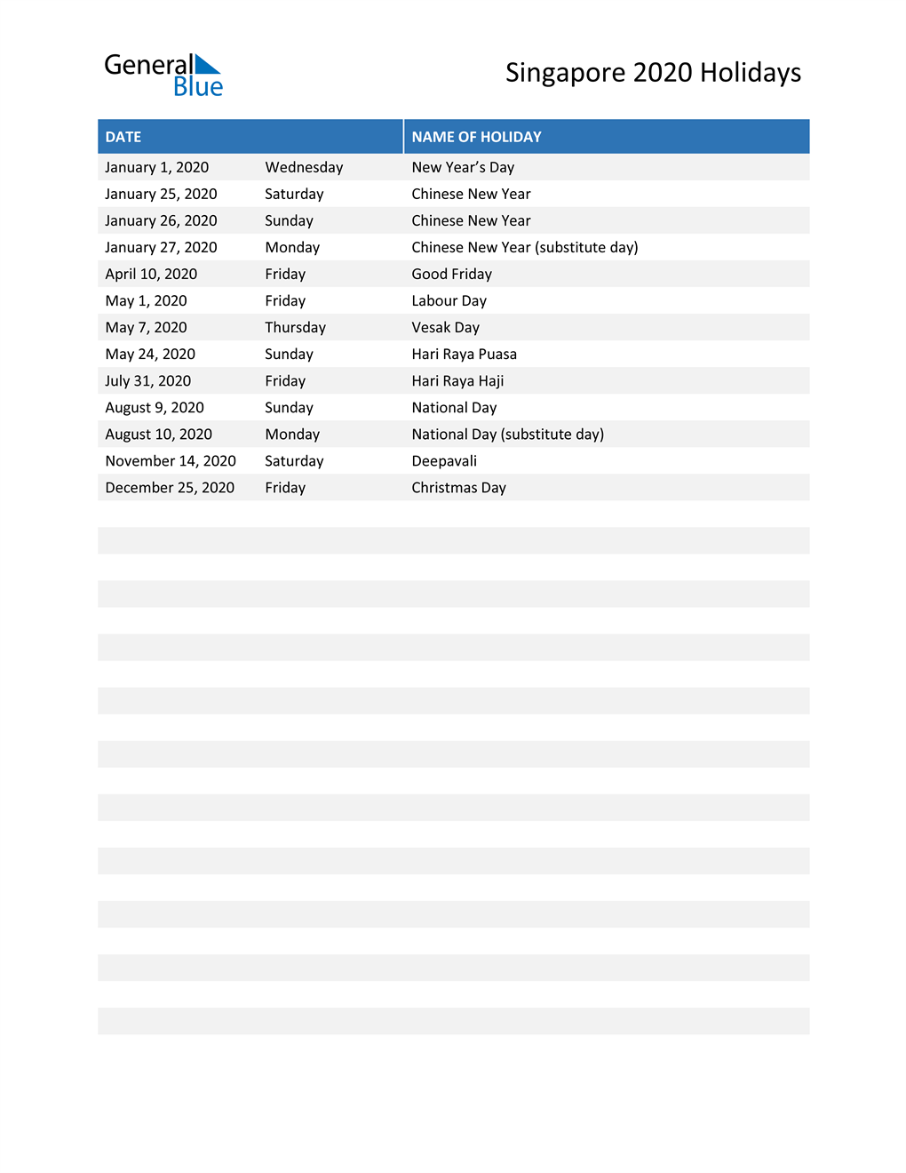 Singapore Holidays In Pdf Word And Excel